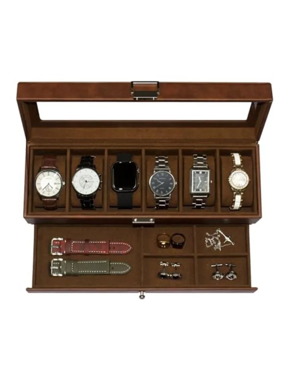Watch Box, 6 Compartment Watch Display Box with Drawers, Men's Watch Box